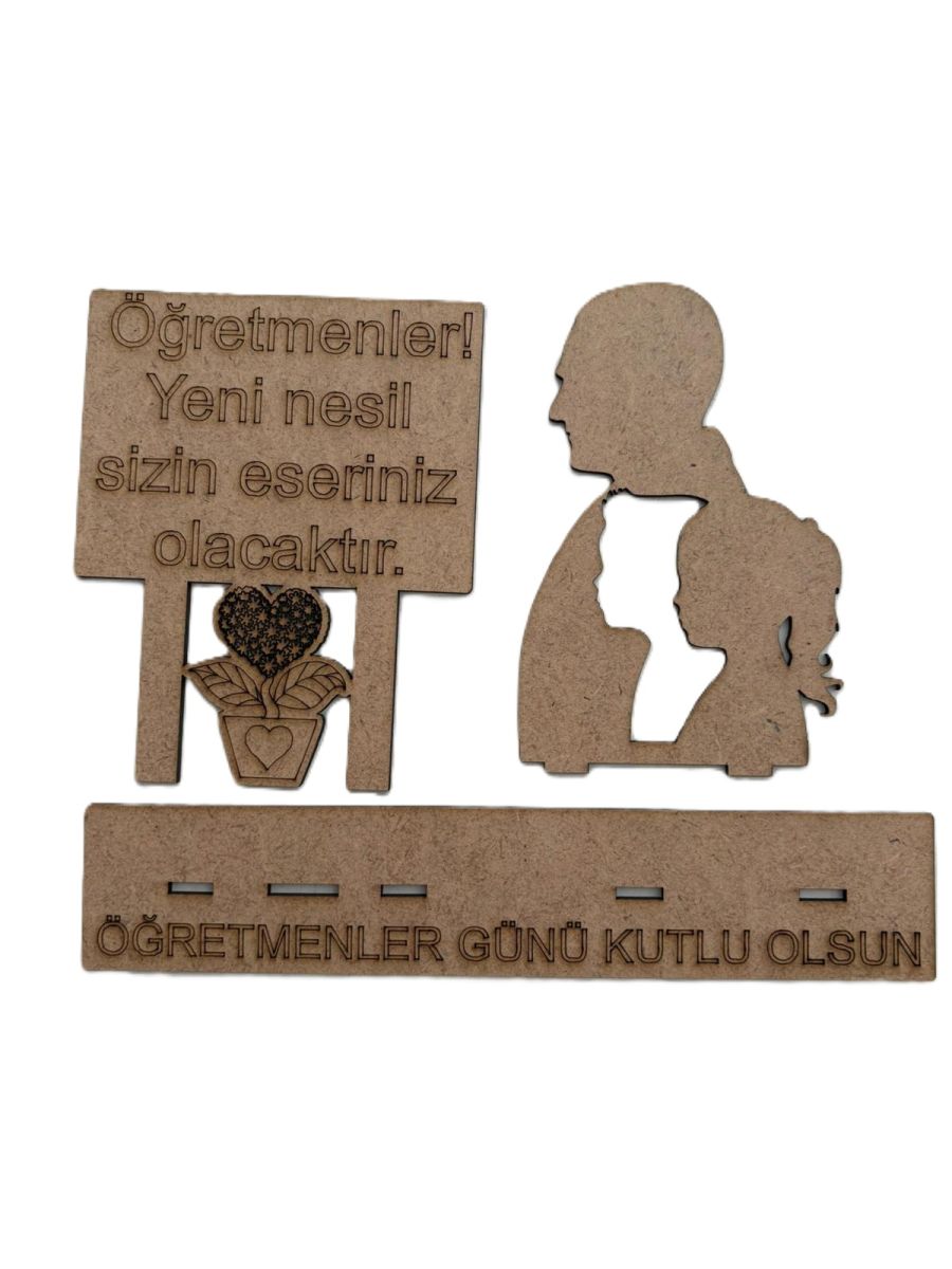 Çocuklar İçin Ahşap Boyama Öğretmenler Günü Etkinlik Ahşap Atatürk Çocuk ve Çiçek Detaylı Boyanabilir